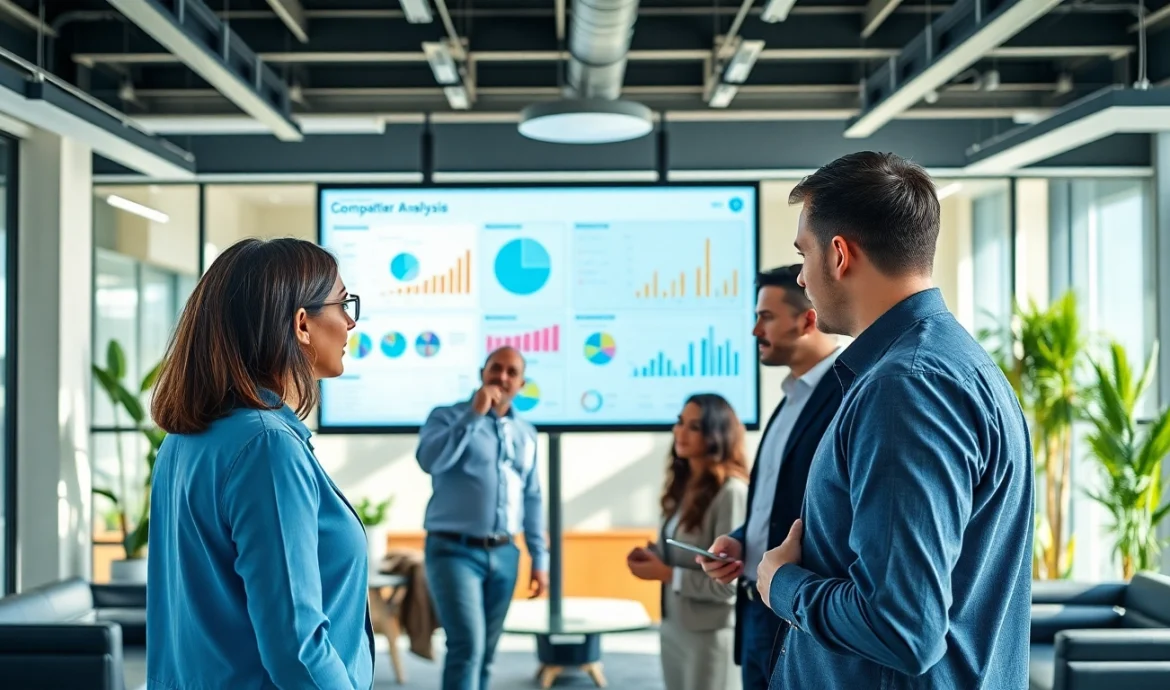 A group assessing ai prompts for competitor analysis through engaging data visuals on a screen.