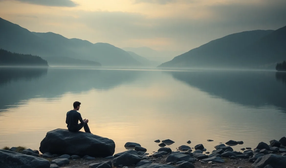 Reflecting on dealing with grief beside a serene lake, capturing a moment of introspection.