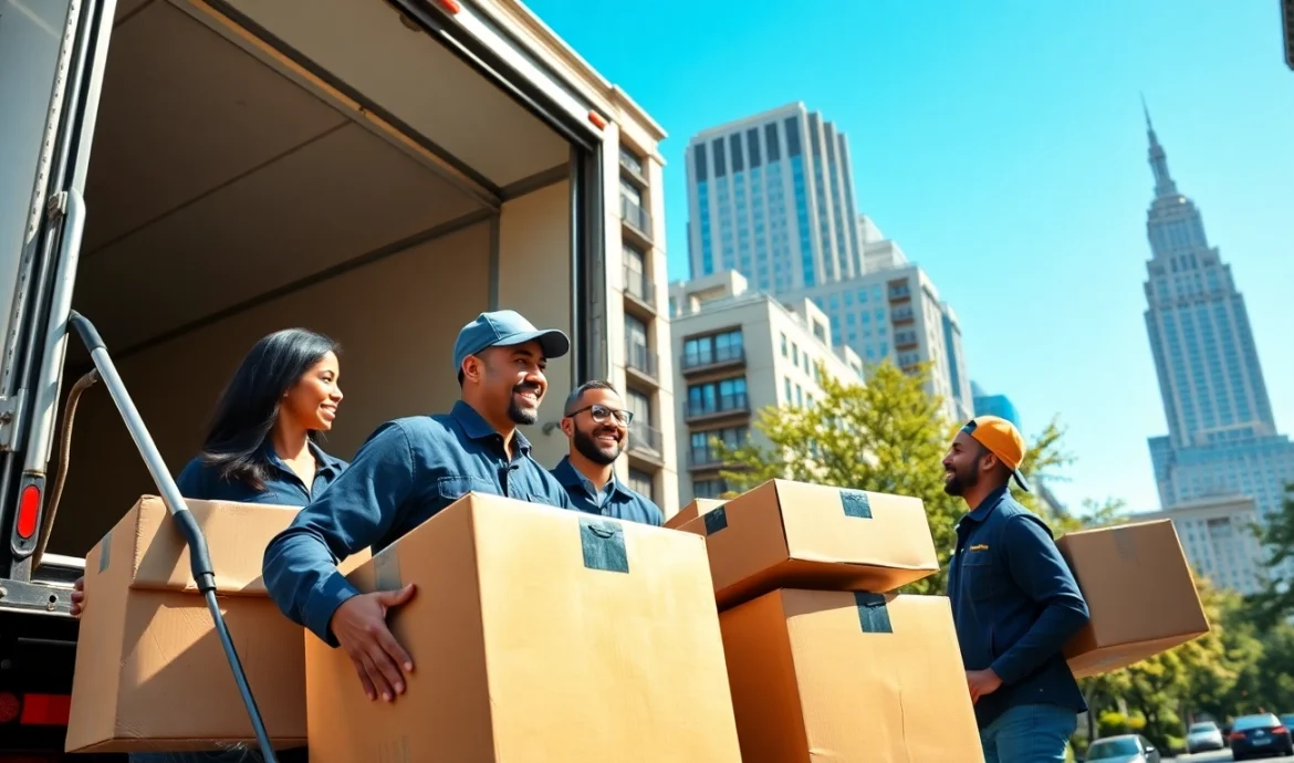 Movers efficiently helping with relocation in a vibrant Manhattan neighborhood.