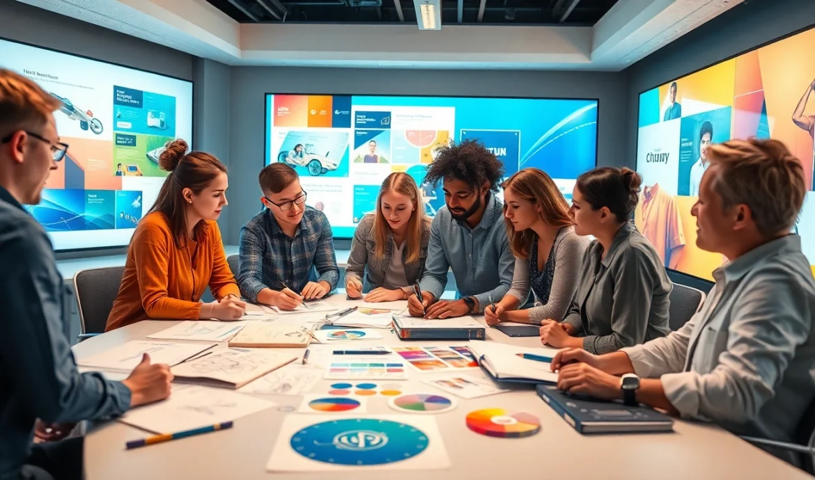 Craft a stunning advertisement design with a vibrant team collaborating on innovative graphics.