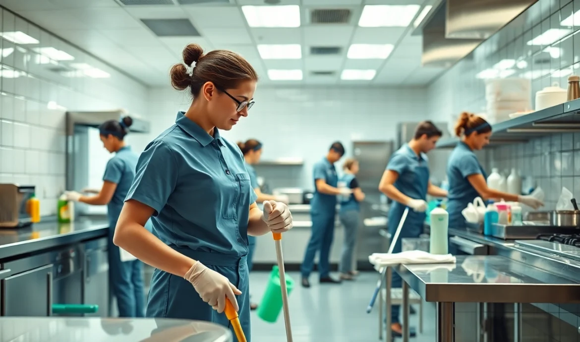 Team providing Restaurant Janitorial Cleaning service ensures a spotless kitchen environment.