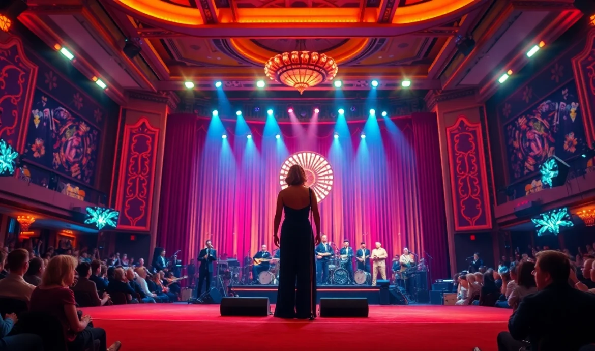 Vibrant matinee vegas stage performance with dazzling lights and a poised performer.
