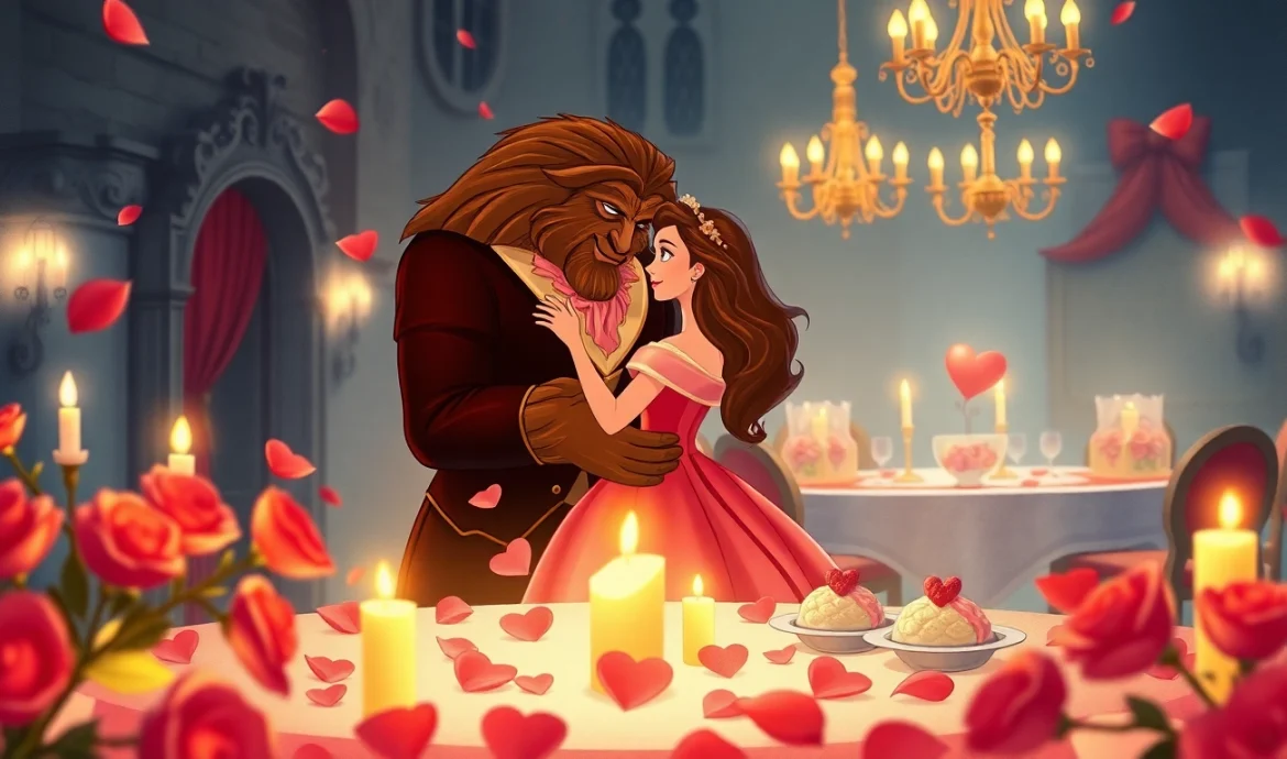 Beauty and the Beast Valentines celebration scene with rose petals and a romantic atmosphere.