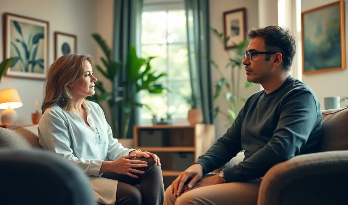 Therapist engaging attentively with patient discussing depression in a cozy, inviting office.