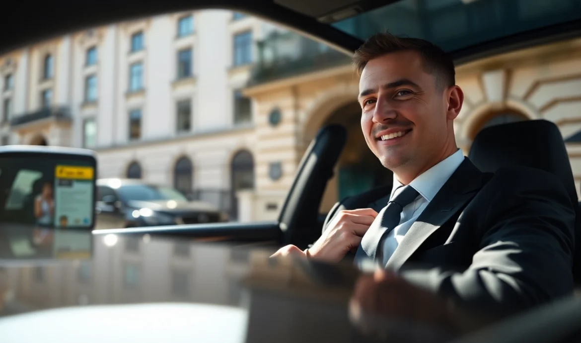 London chauffeur welcoming guests in a luxury car near a famous London landmark.