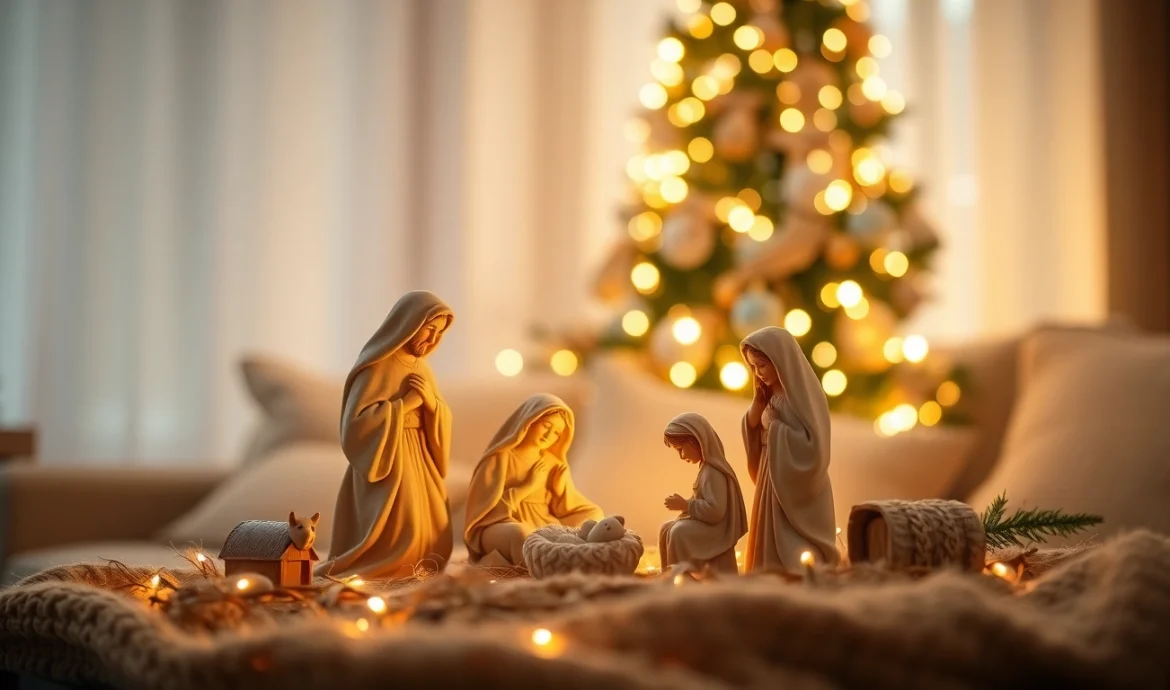 Admire detailed Nativity sets beautifully arranged for the holiday season in a cozy atmosphere.