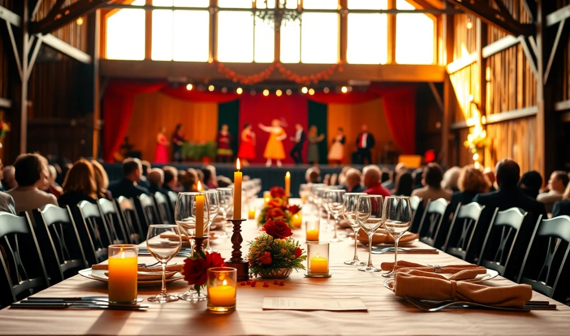 Experience an enchanting barn dinner theater with a captivating stage and elegant dining setup.