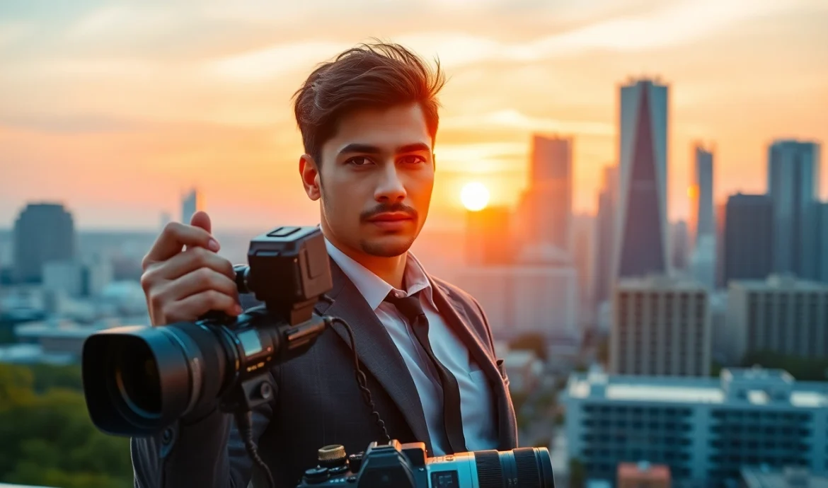 Engaging portrait of a Professional Photographer against a city backdrop, capturing artistic expressions.