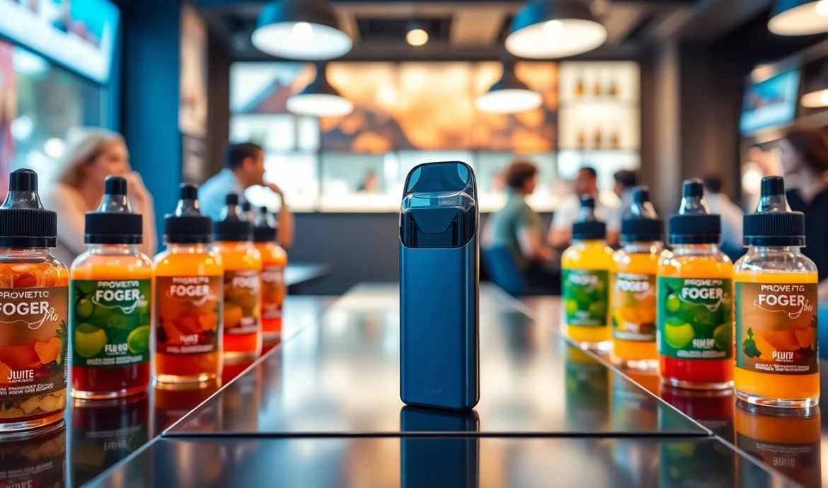 Experience the flavors of Foger Switch Pro Pod displayed with vibrant vape juices.
