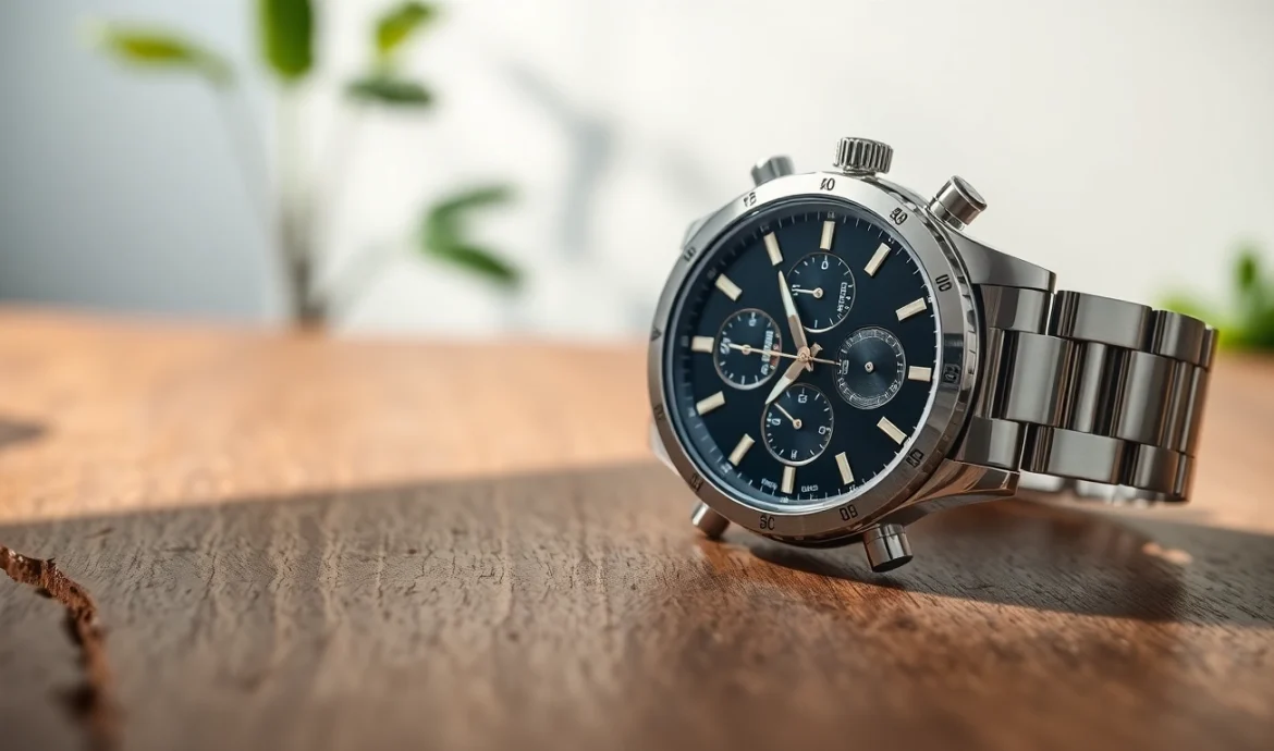 Herren Armbanduhren auf einem Holzuntergrund in elegantem Design präsentieren