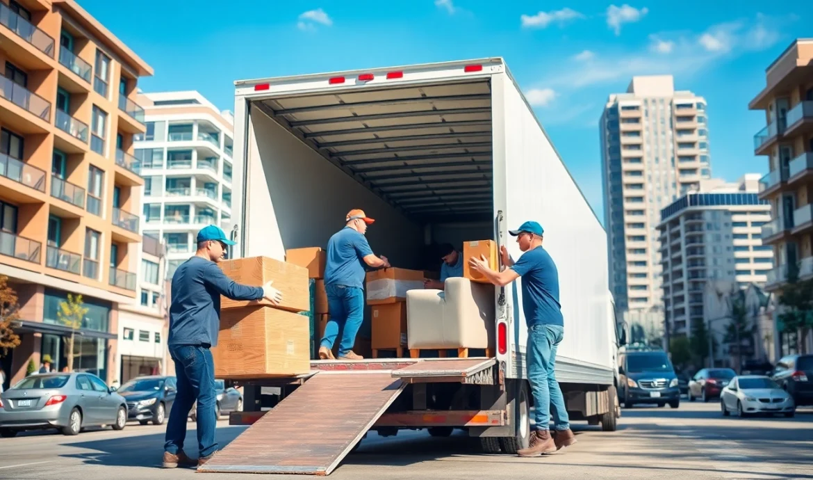 Movers Calgary expertly loading furniture onto a moving truck in a bustling urban environment.