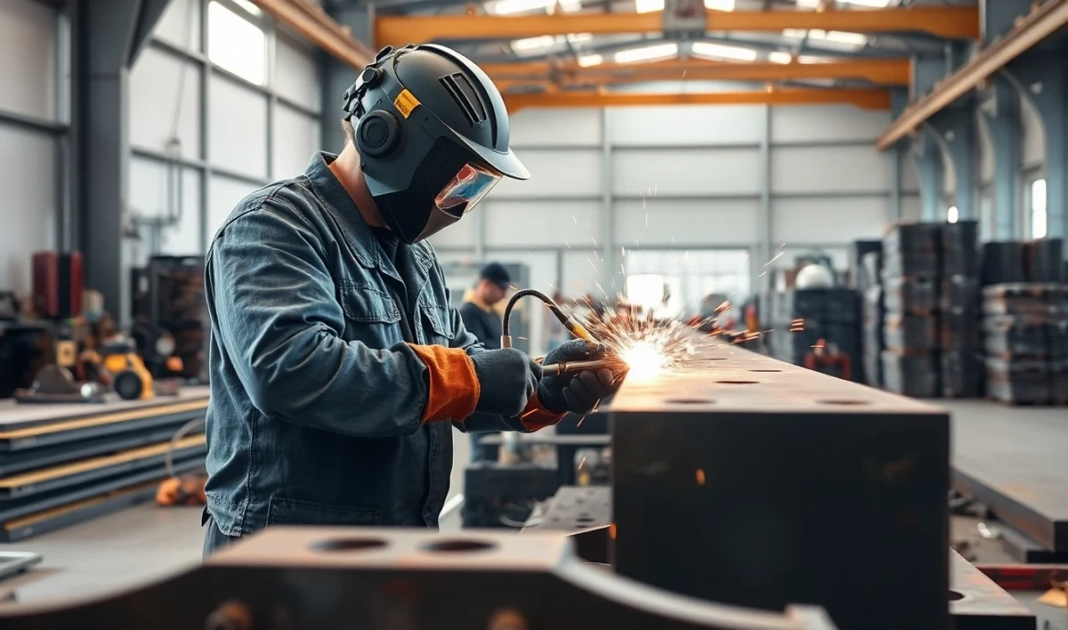 Welding structural steel in a bright workshop, showcasing a skilled welder with protective gear.