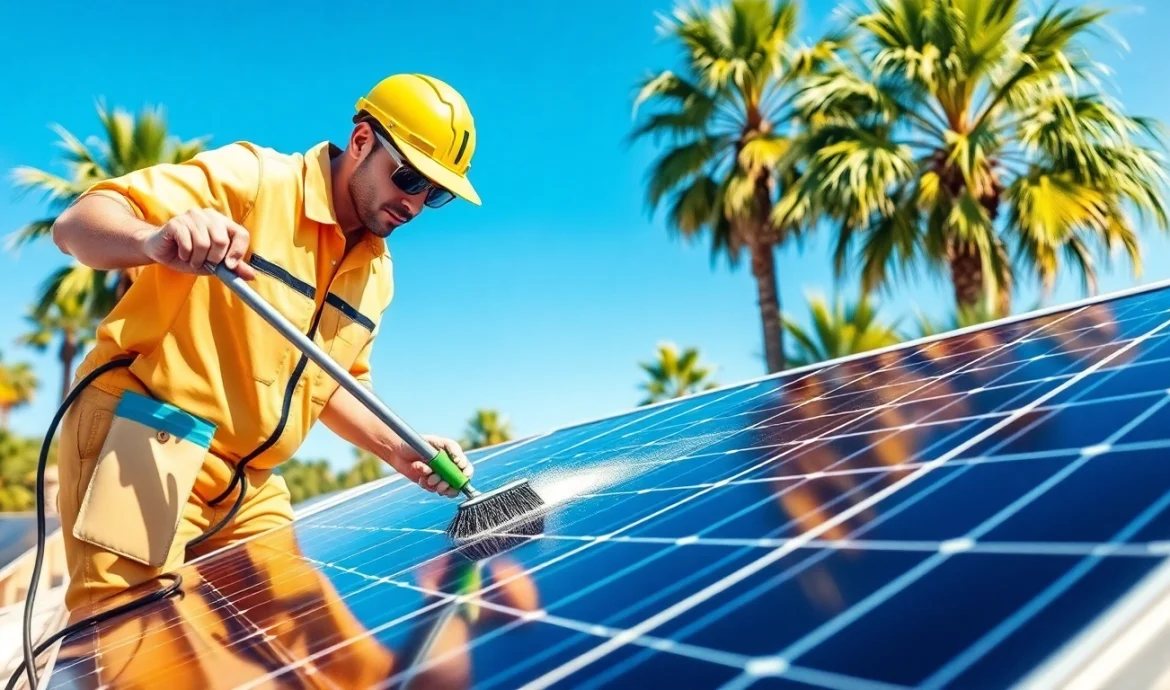 Affordable solar panel cleaning Phoenix, showcasing a professional cleaning technician at work.