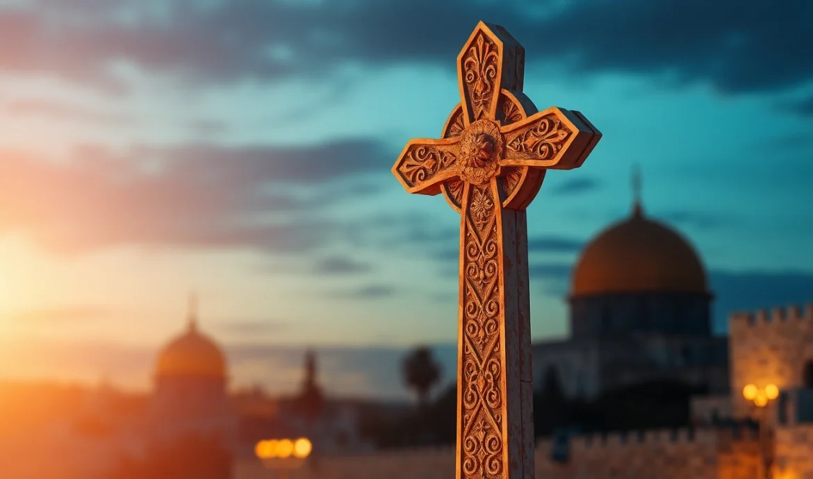 Showcasing Jerusalem crosses with intricate details against a serene Jerusalem backdrop.