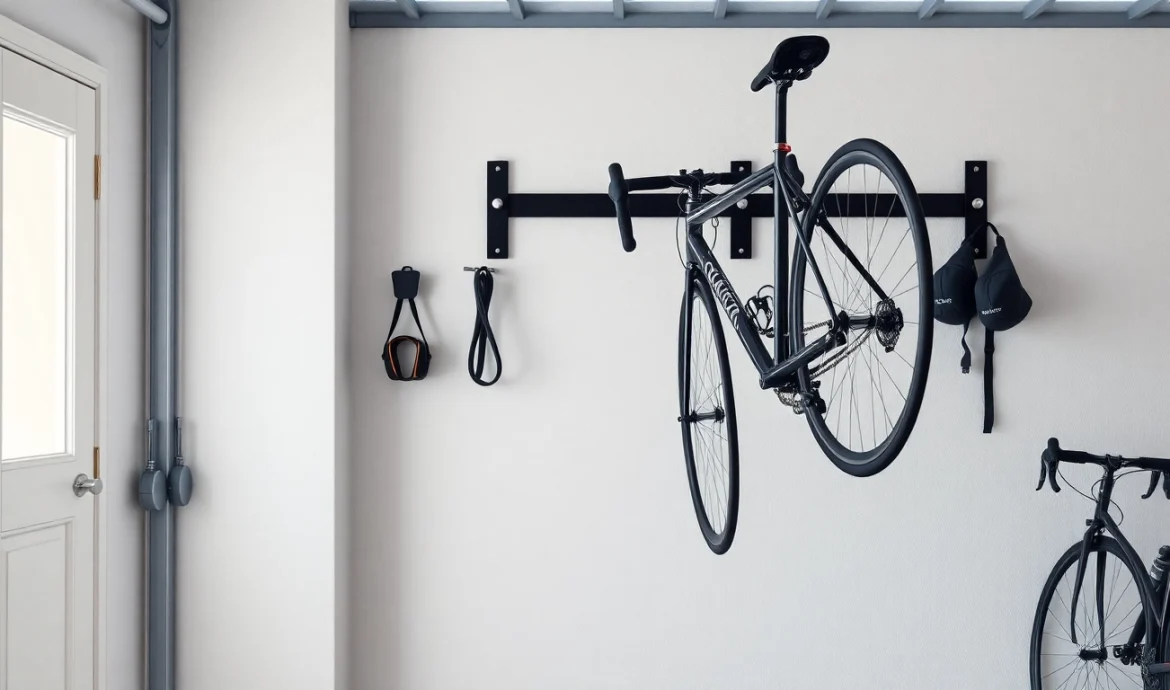 Bicycle wall hanger showcasing a stylish design in a modern garage environment.